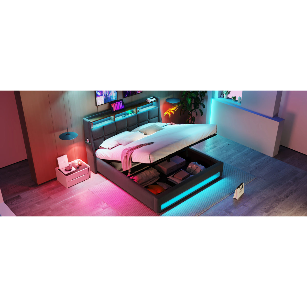 variant-group:rf-n736aa20690910g|Roomfitters Queen Size Upholstered Platform Bed with Storage System, USB Charging Ports, Grey