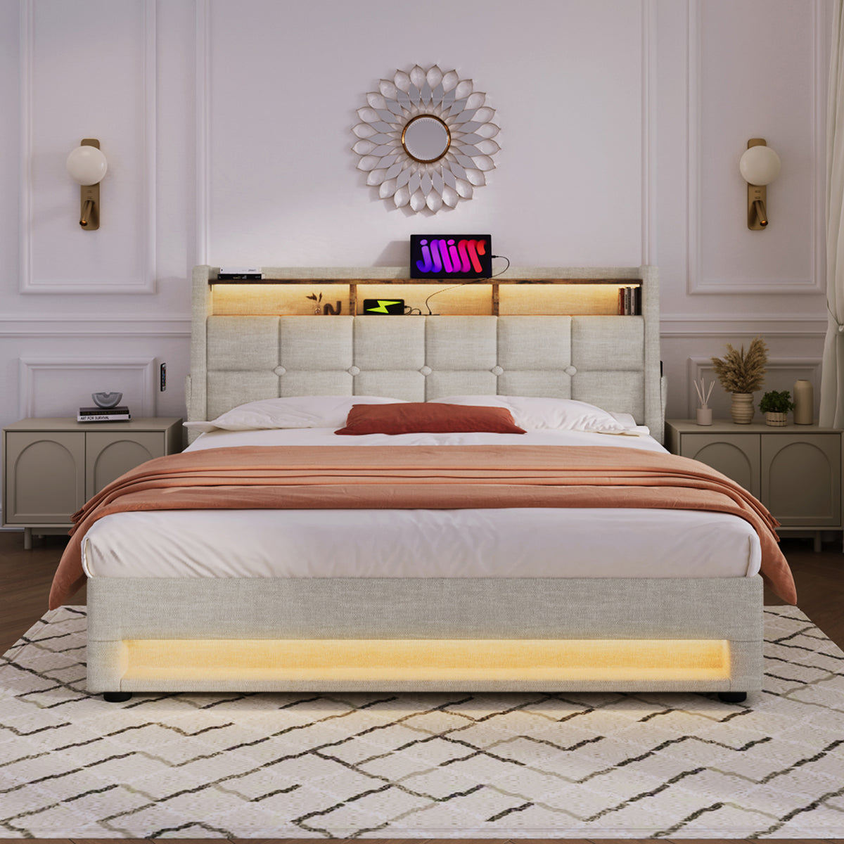 variant-group:rf-n736aa20690708b|Roomfitters Full Size Upholstered Platform Bed with Storage System, USB Charging Ports, Natural