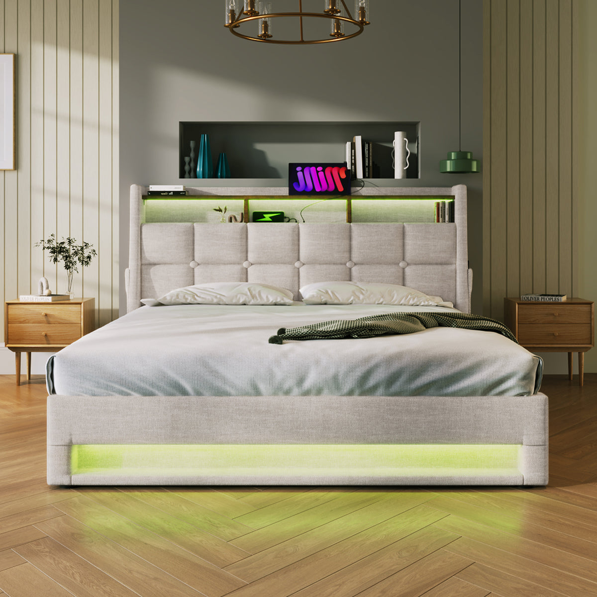 variant-group:rf-n736aa20690708b|Roomfitters Full Size Upholstered Platform Bed with Storage System, USB Charging Ports, Natural