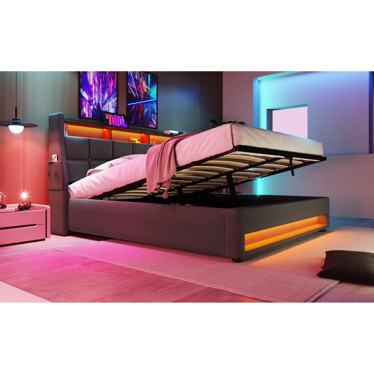 variant-group:rf-n736aa20690708g|Roomfitters Full Size Upholstered Platform Bed with Storage System, USB Charging Ports, Grey