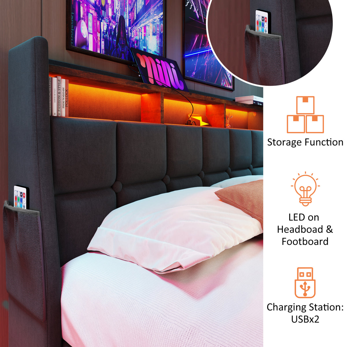 variant-group:rf-n736aa20690708g|Roomfitters Full Size Upholstered Platform Bed with Storage System, USB Charging Ports, Grey
