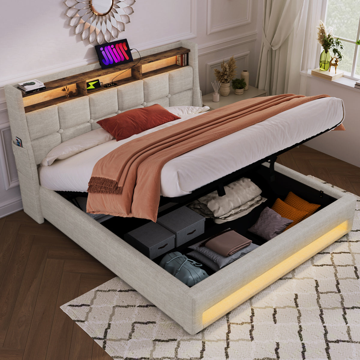 variant-group:rf-n736aa20690910b|Roomfitters Queen Size Upholstered Platform Bed with Storage System, USB Charging Ports, Natural