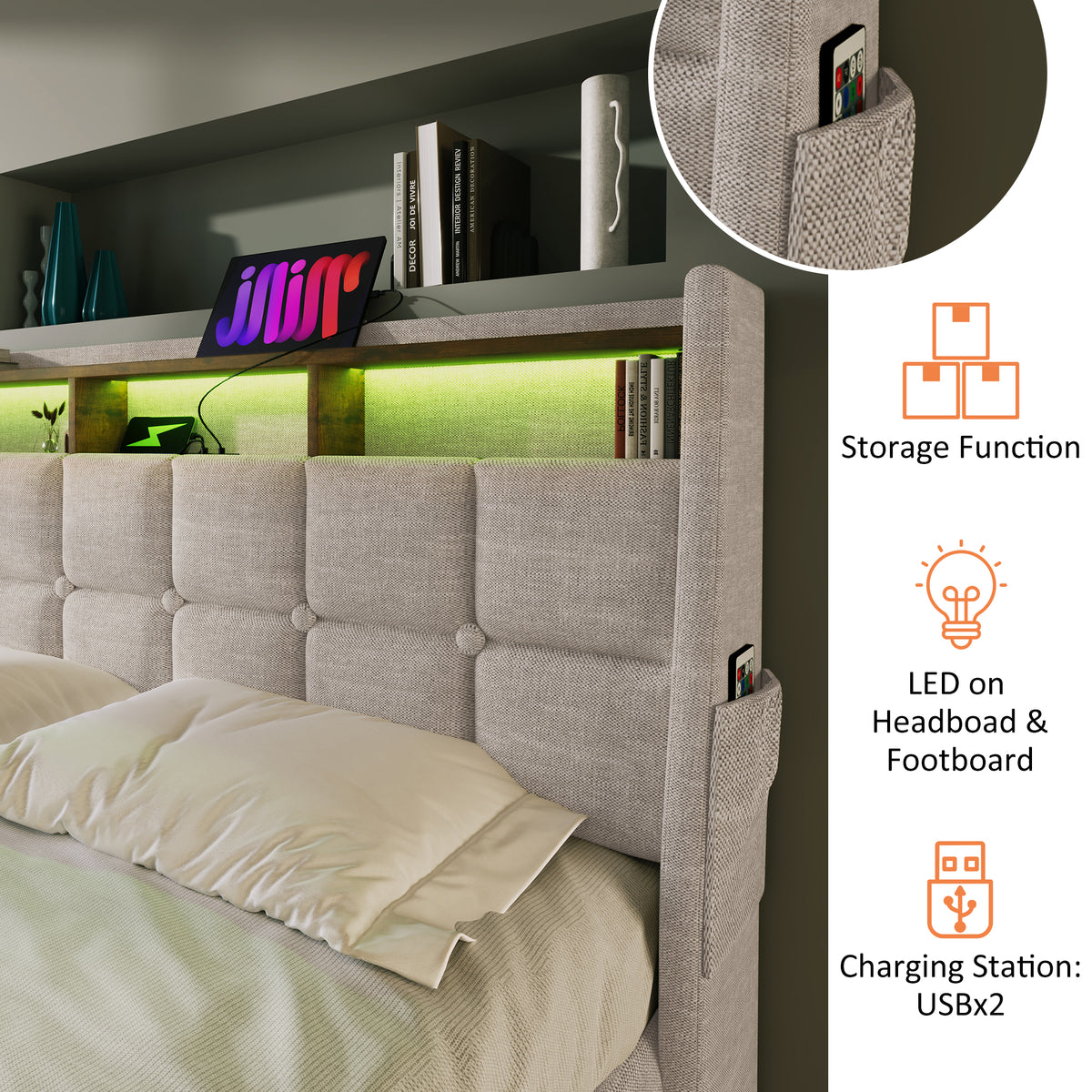 variant-group:rf-n736aa20690910b|Roomfitters Queen Size Upholstered Platform Bed with Storage System, USB Charging Ports, Natural