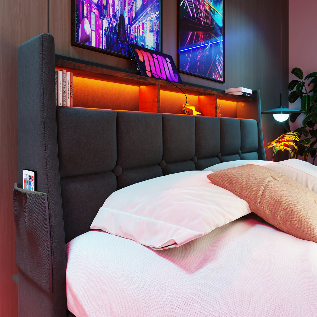variant-group:rf-n736aa20690708g|Roomfitters Full Size Upholstered Platform Bed with Storage System, USB Charging Ports, Grey