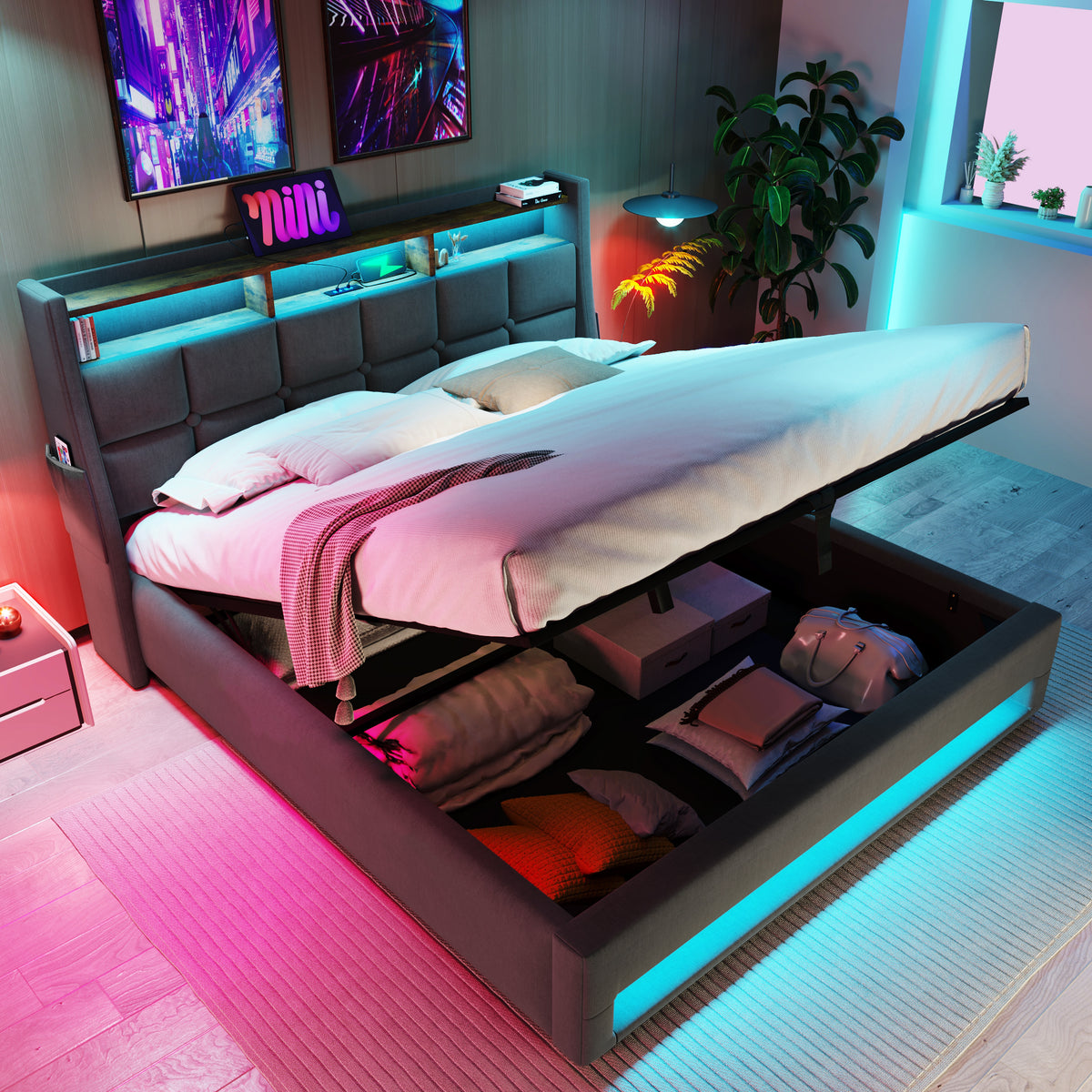 variant-group:rf-n736aa20690708g|Roomfitters Full Size Upholstered Platform Bed with Storage System, USB Charging Ports, Grey