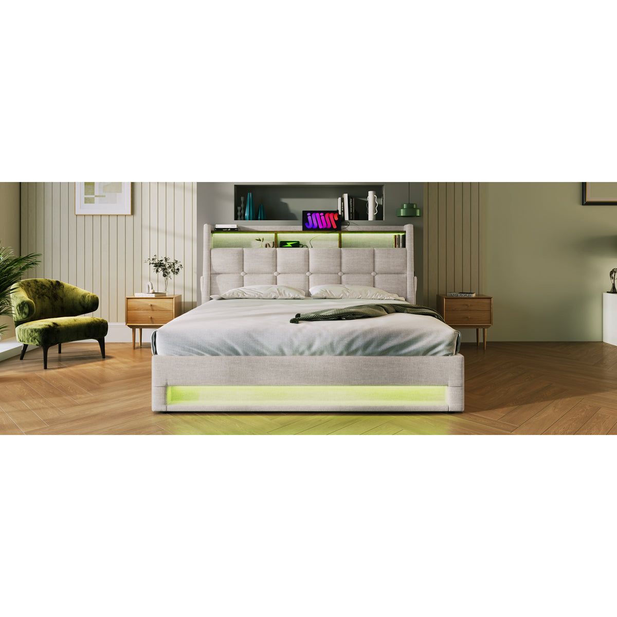 variant-group:rf-n736aa20690708b|Roomfitters Full Size Upholstered Platform Bed with Storage System, USB Charging Ports, Natural