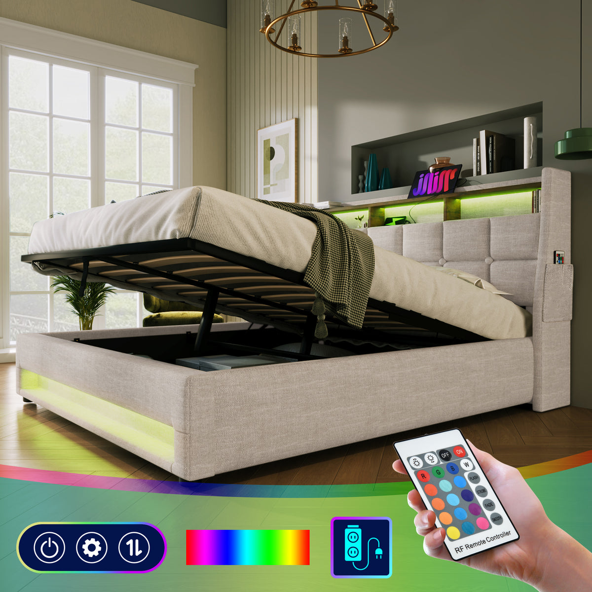 variant-group:rf-n736aa20690708b|Roomfitters Full Size Upholstered Platform Bed with Storage System, USB Charging Ports, Natural