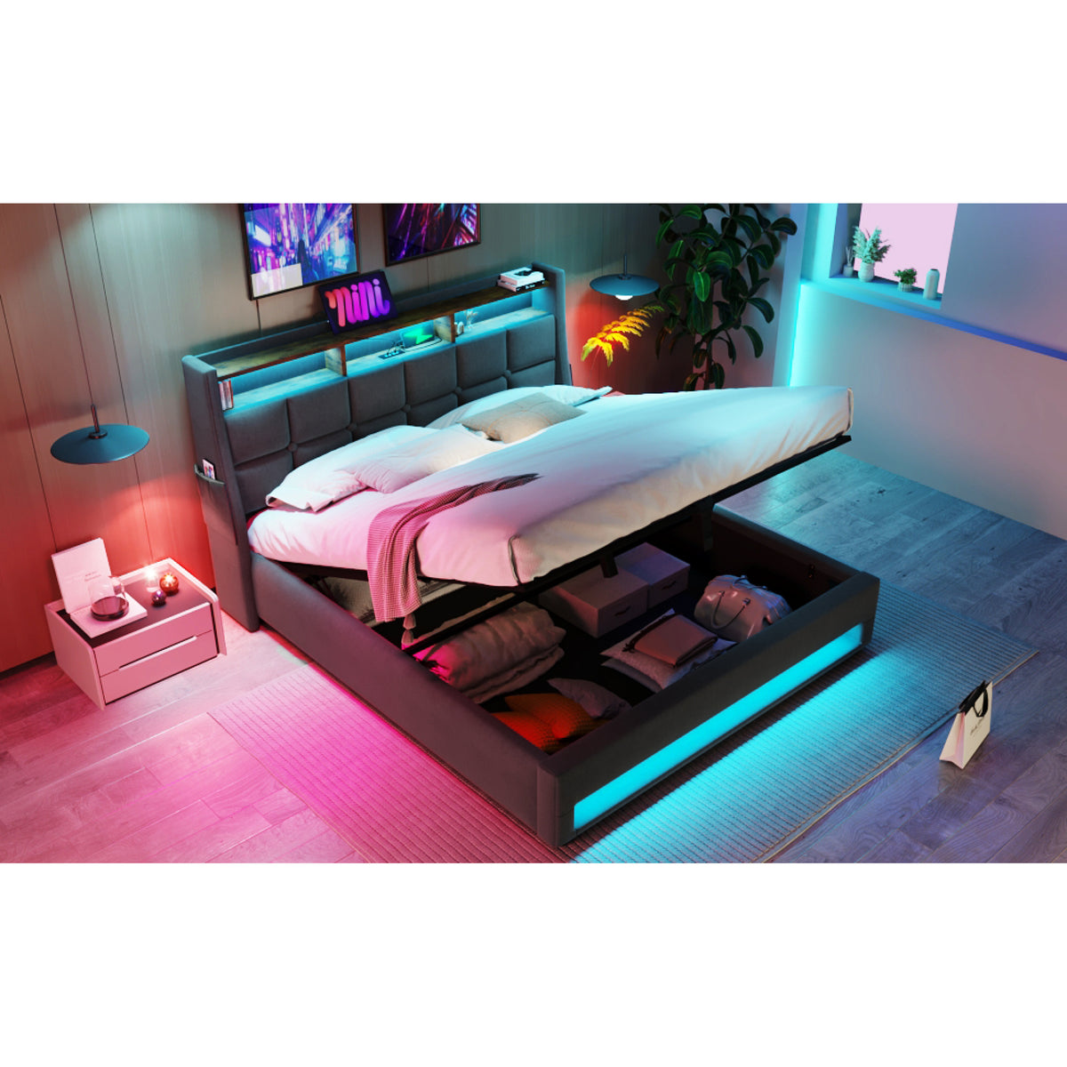 variant-group:rf-n736aa20690708g|Roomfitters Full Size Upholstered Platform Bed with Storage System, USB Charging Ports, Grey