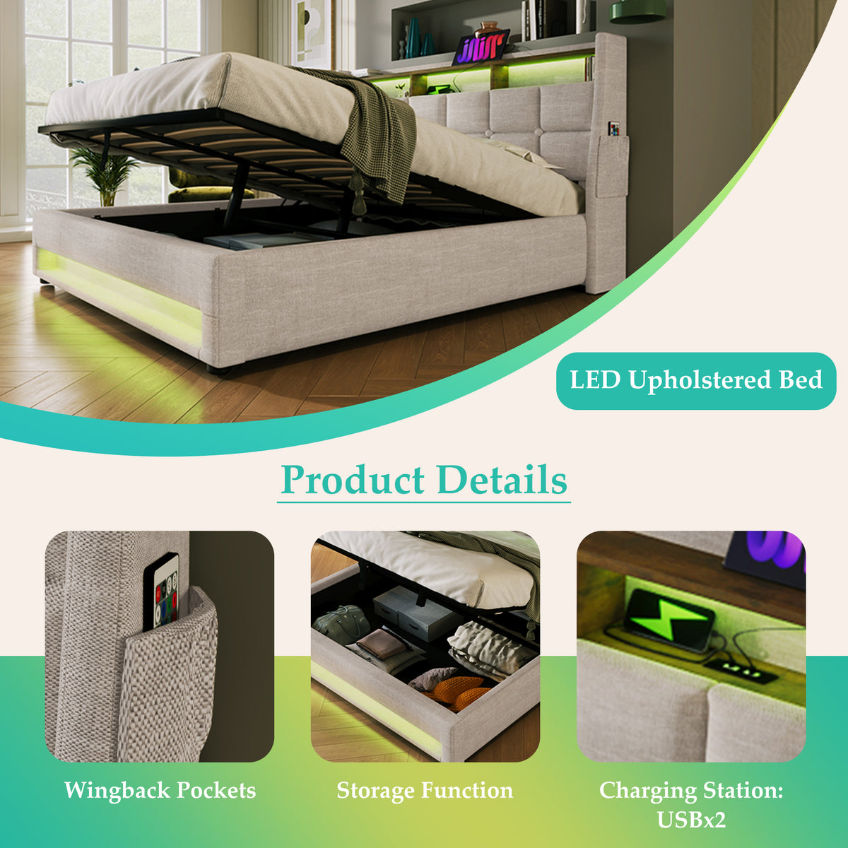 variant-group:rf-n736aa20690708b|Roomfitters Full Size Upholstered Platform Bed with Storage System, USB Charging Ports, Natural