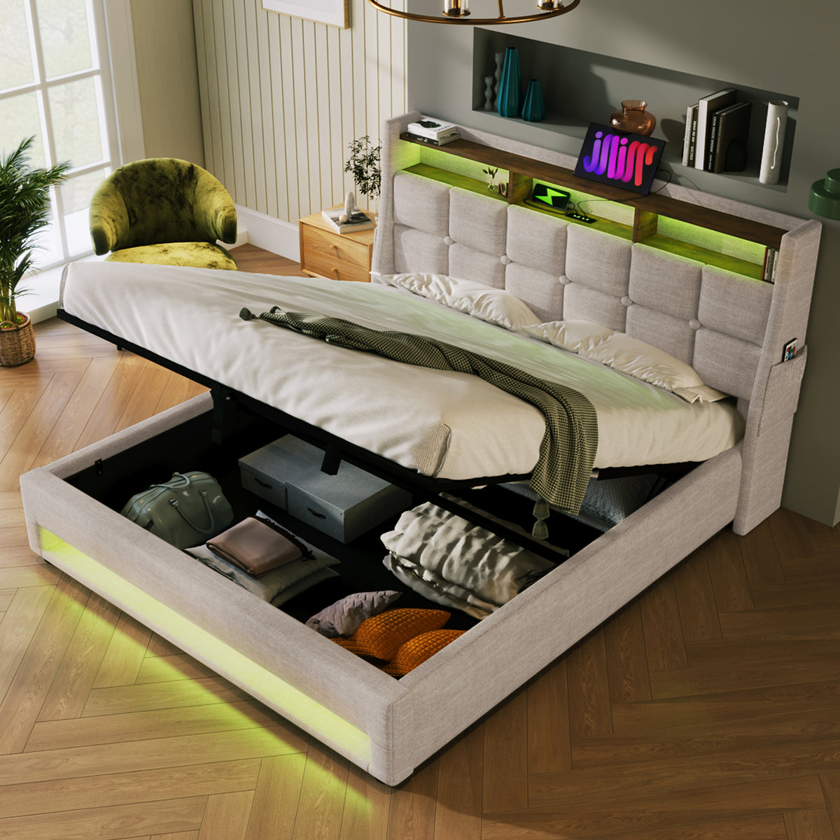 variant-group:rf-n736aa20690910b|Roomfitters Queen Size Upholstered Platform Bed with Storage System, USB Charging Ports, Natural