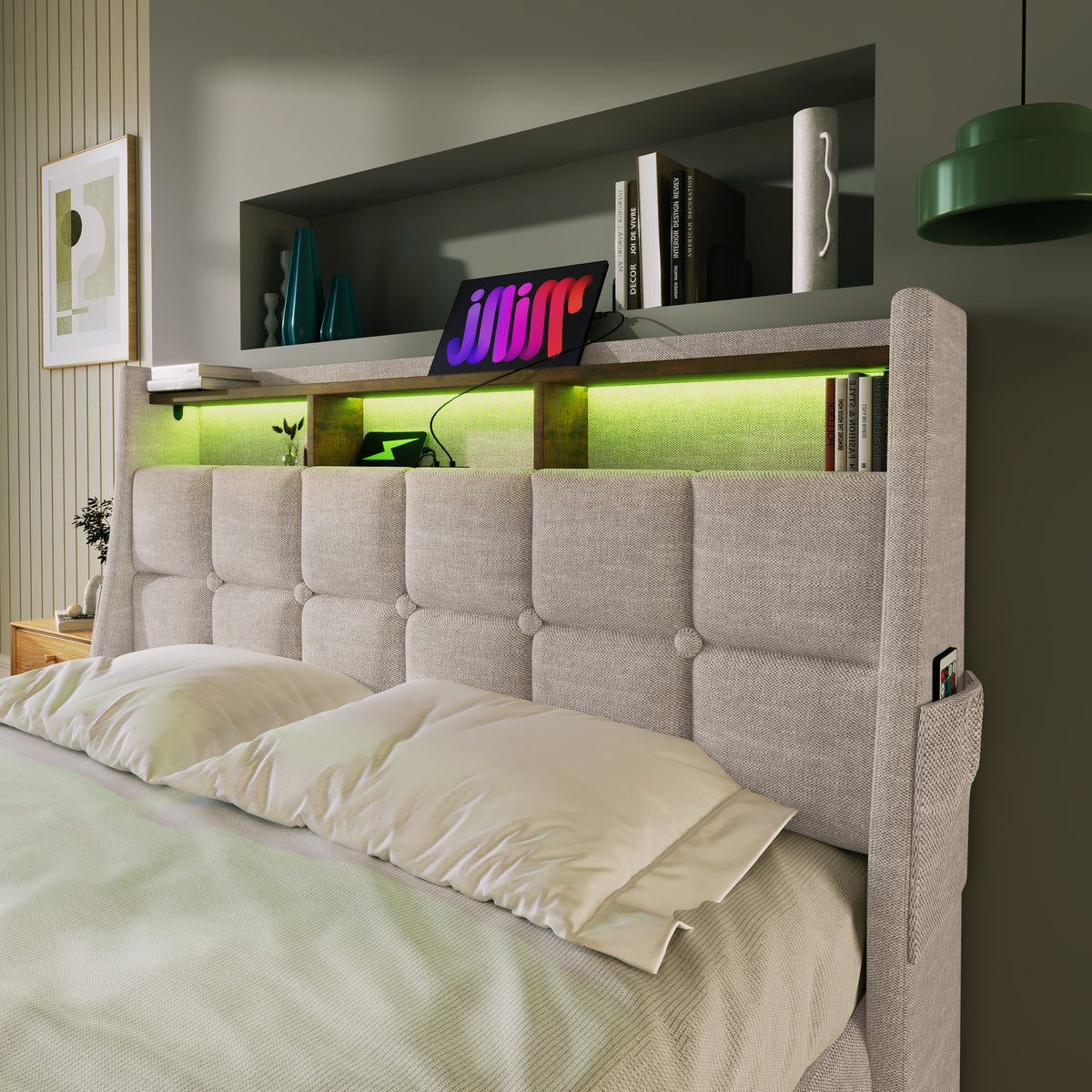 variant-group:rf-n736aa20690910b|Roomfitters Queen Size Upholstered Platform Bed with Storage System, USB Charging Ports, Natural
