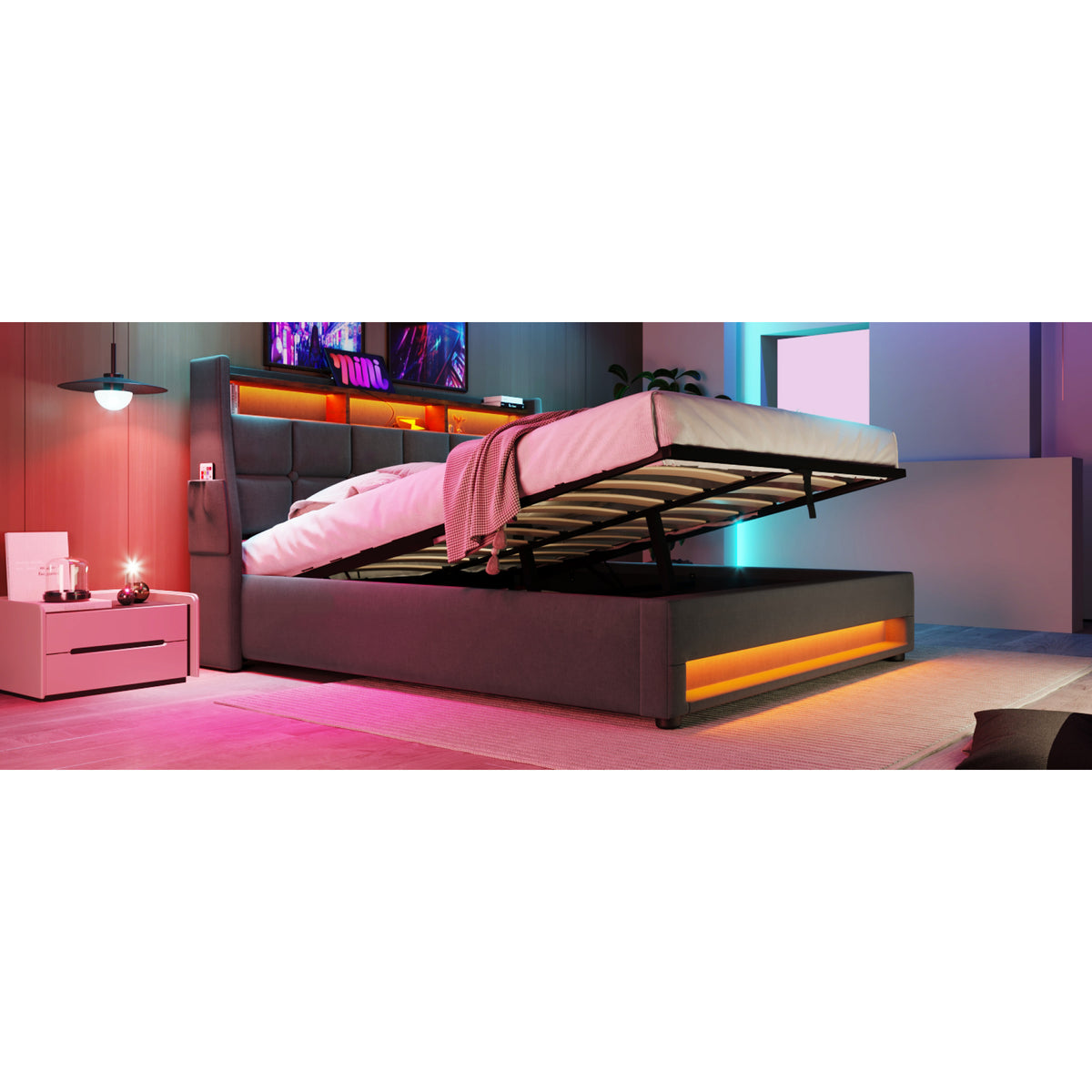 variant-group:rf-n736aa20690708g|Roomfitters Full Size Upholstered Platform Bed with Storage System, USB Charging Ports, Grey