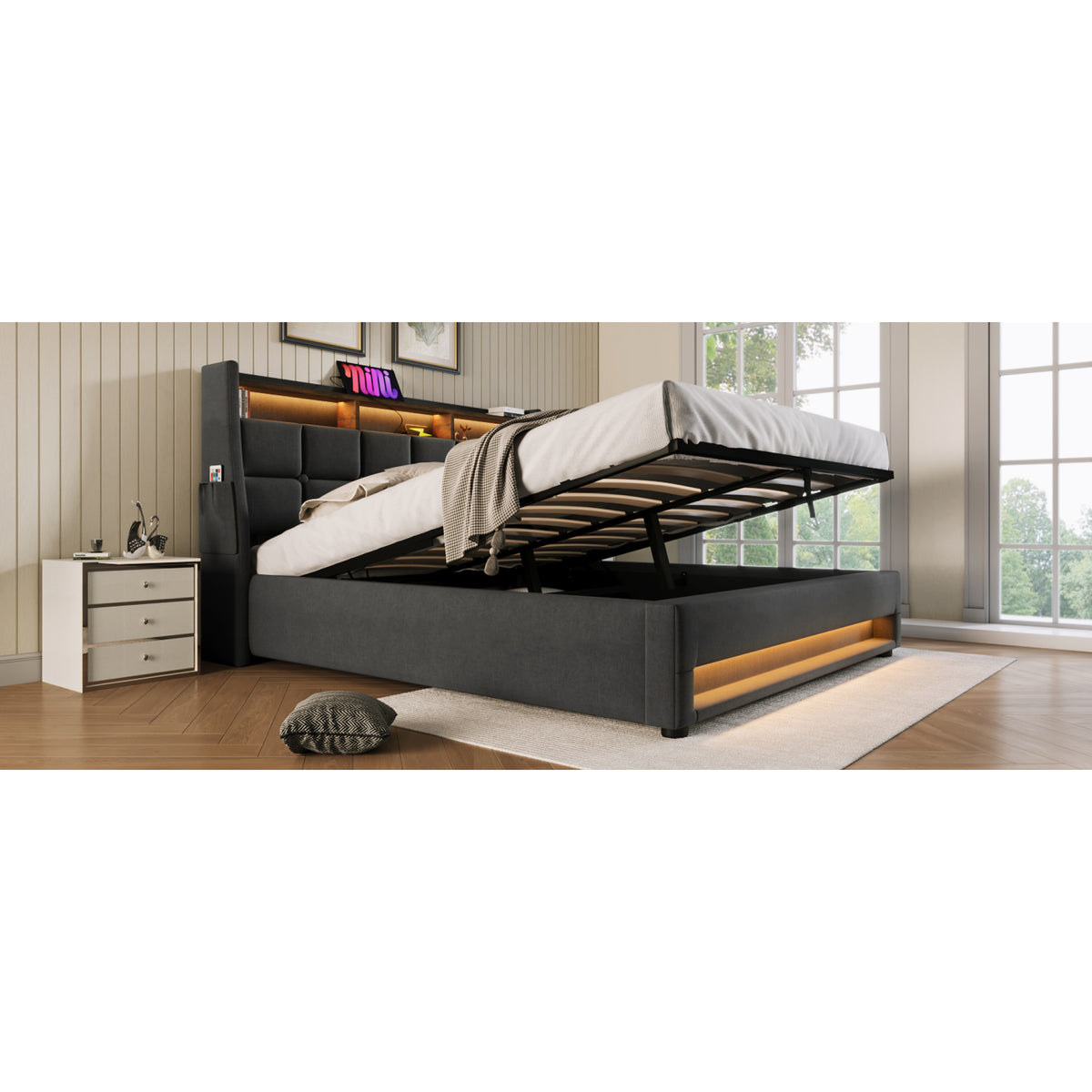 variant-group:rf-n736aa20690708g|Roomfitters Full Size Upholstered Platform Bed with Storage System, USB Charging Ports, Grey