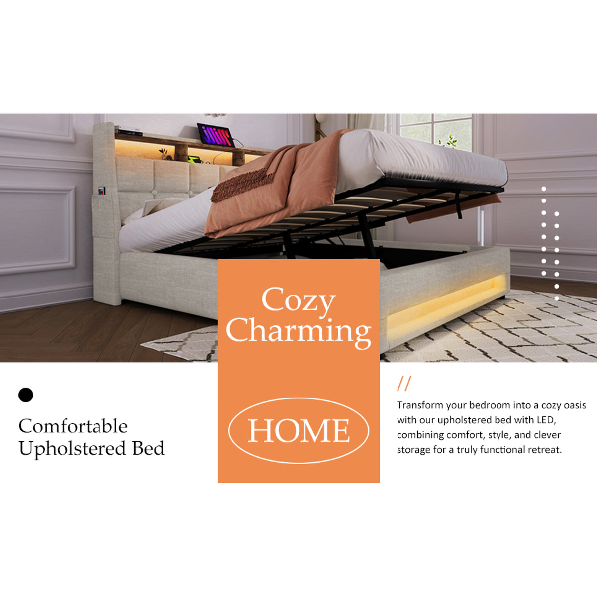 variant-group:rf-n736aa20690708b|Roomfitters Full Size Upholstered Platform Bed with Storage System, USB Charging Ports, Natural