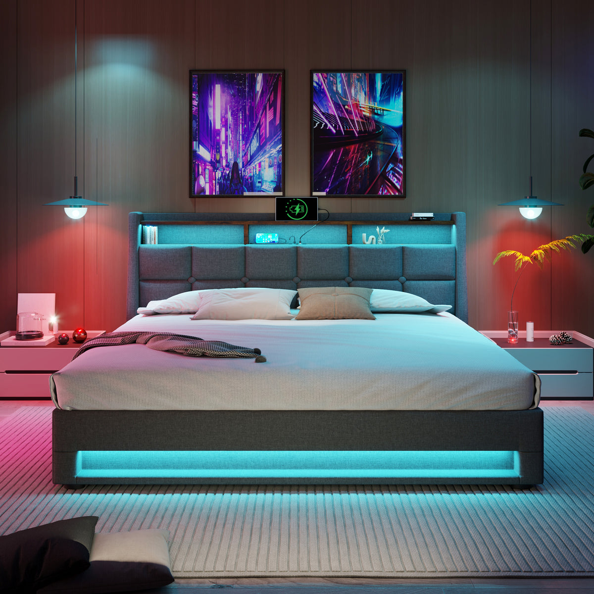 variant-group:rf-n736aa20690708g|Roomfitters Full Size Upholstered Platform Bed with Storage System, USB Charging Ports, Grey