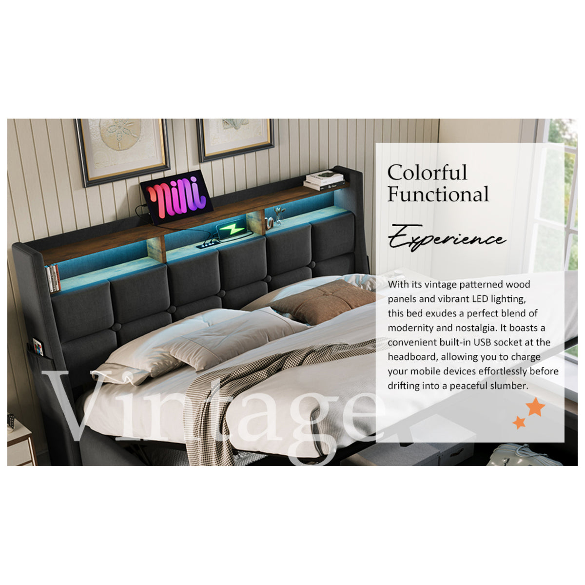 variant-group:rf-n736aa20690708g|Roomfitters Full Size Upholstered Platform Bed with Storage System, USB Charging Ports, Grey
