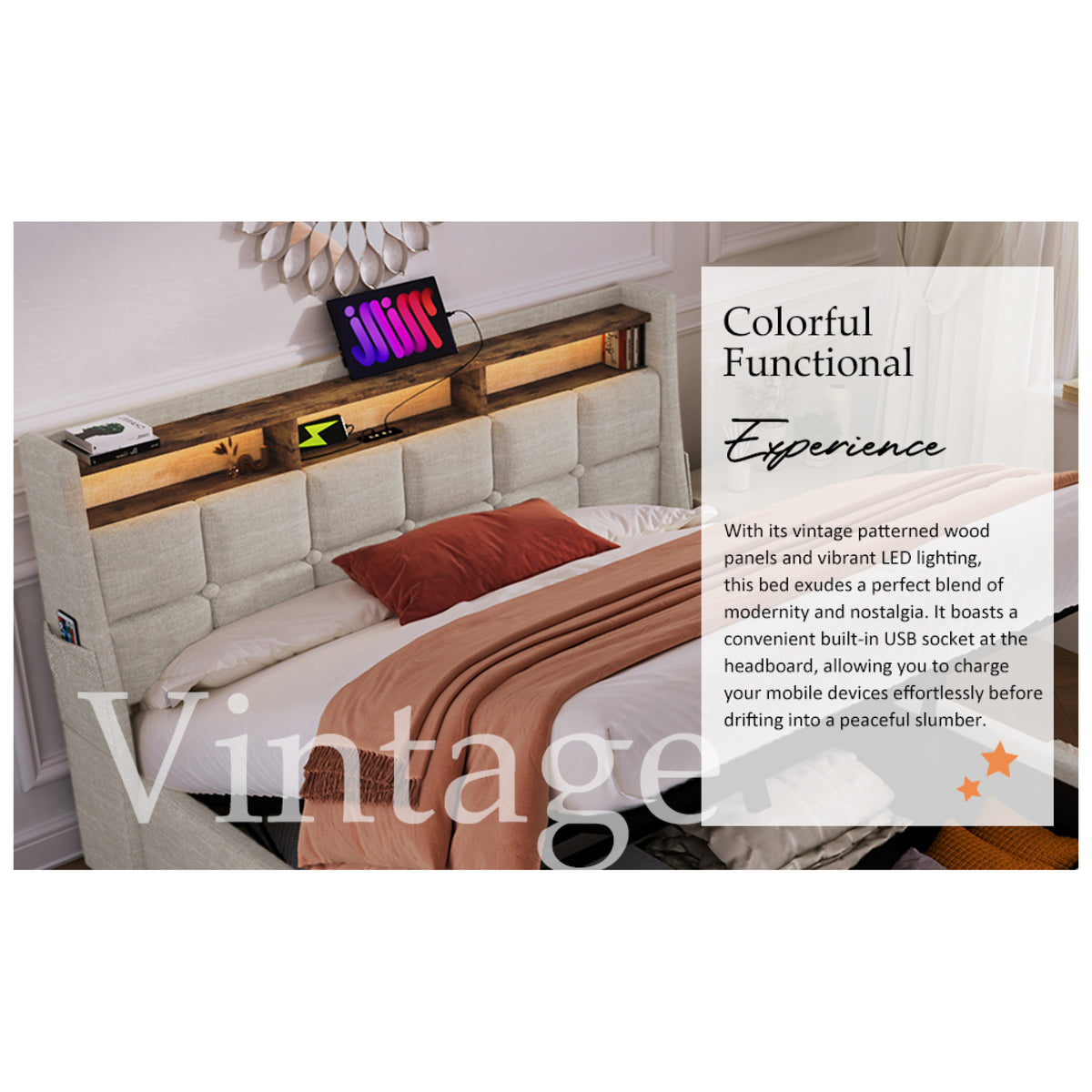 variant-group:rf-n736aa20690708b|Roomfitters Full Size Upholstered Platform Bed with Storage System, USB Charging Ports, Natural