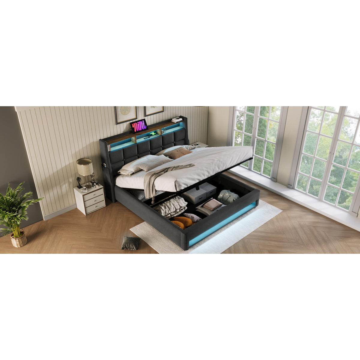 variant-group:rf-n736aa20690708g|Roomfitters Full Size Upholstered Platform Bed with Storage System, USB Charging Ports, Grey