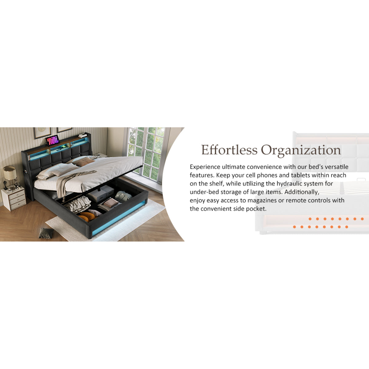variant-group:rf-n736aa20690910g|Roomfitters Queen Size Upholstered Platform Bed with Storage System, USB Charging Ports, Grey