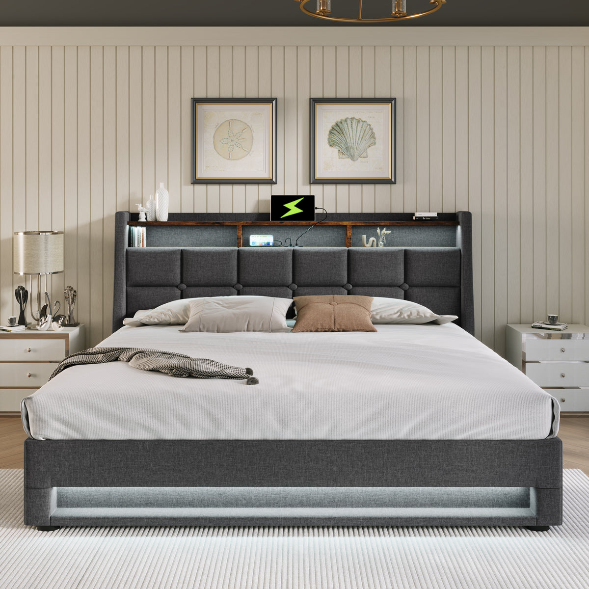variant-group:rf-n736aa20690708g|Roomfitters Full Size Upholstered Platform Bed with Storage System, USB Charging Ports, Grey