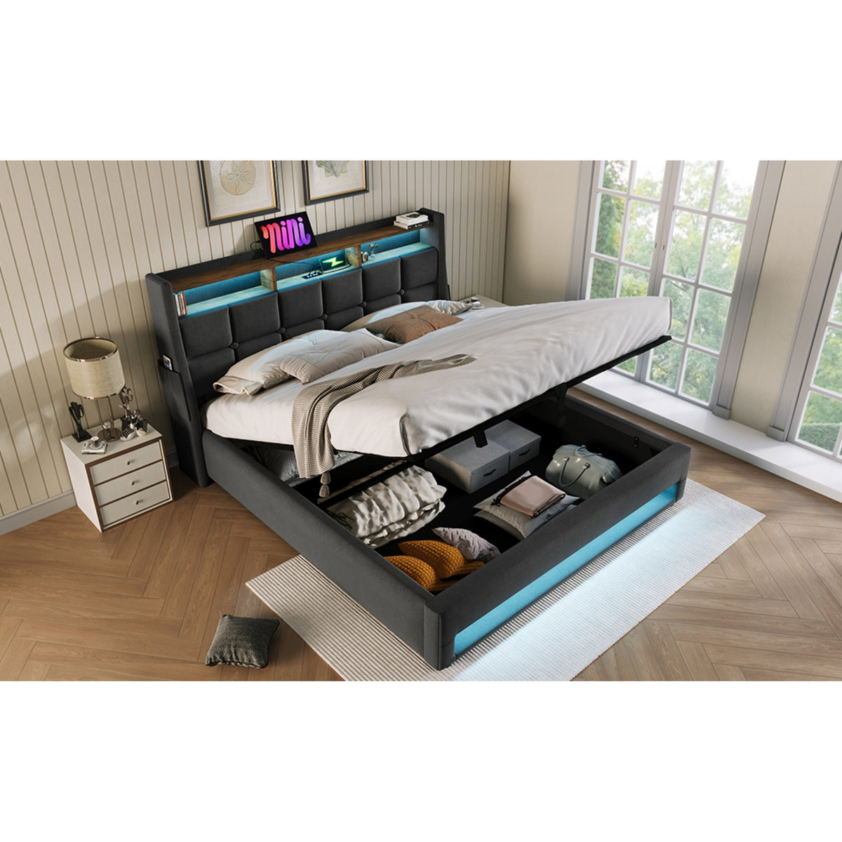variant-group:rf-n736aa20690910g|Roomfitters Queen Size Upholstered Platform Bed with Storage System, USB Charging Ports, Grey