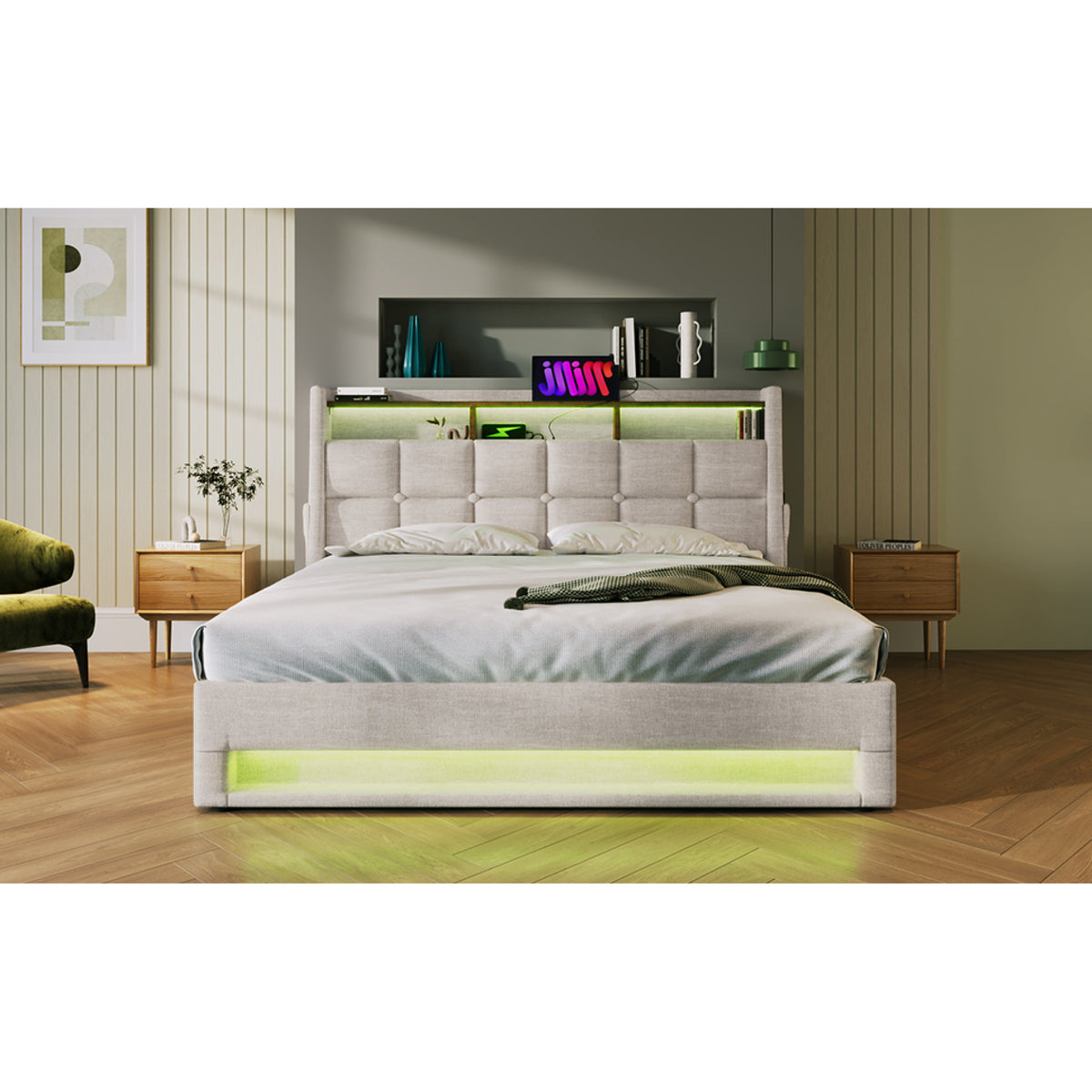 variant-group:rf-n736aa20690910b|Roomfitters Queen Size Upholstered Platform Bed with Storage System, USB Charging Ports, Natural