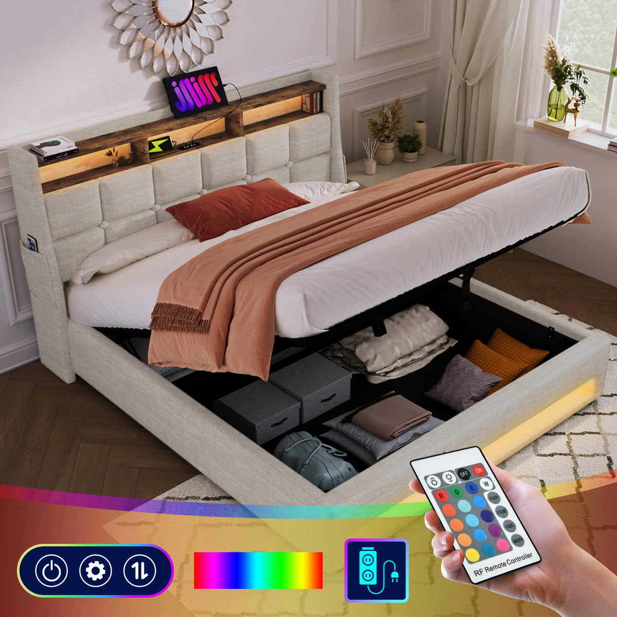 variant-group:rf-n736aa20690708b|Roomfitters Full Size Upholstered Platform Bed with Storage System, USB Charging Ports, Natural