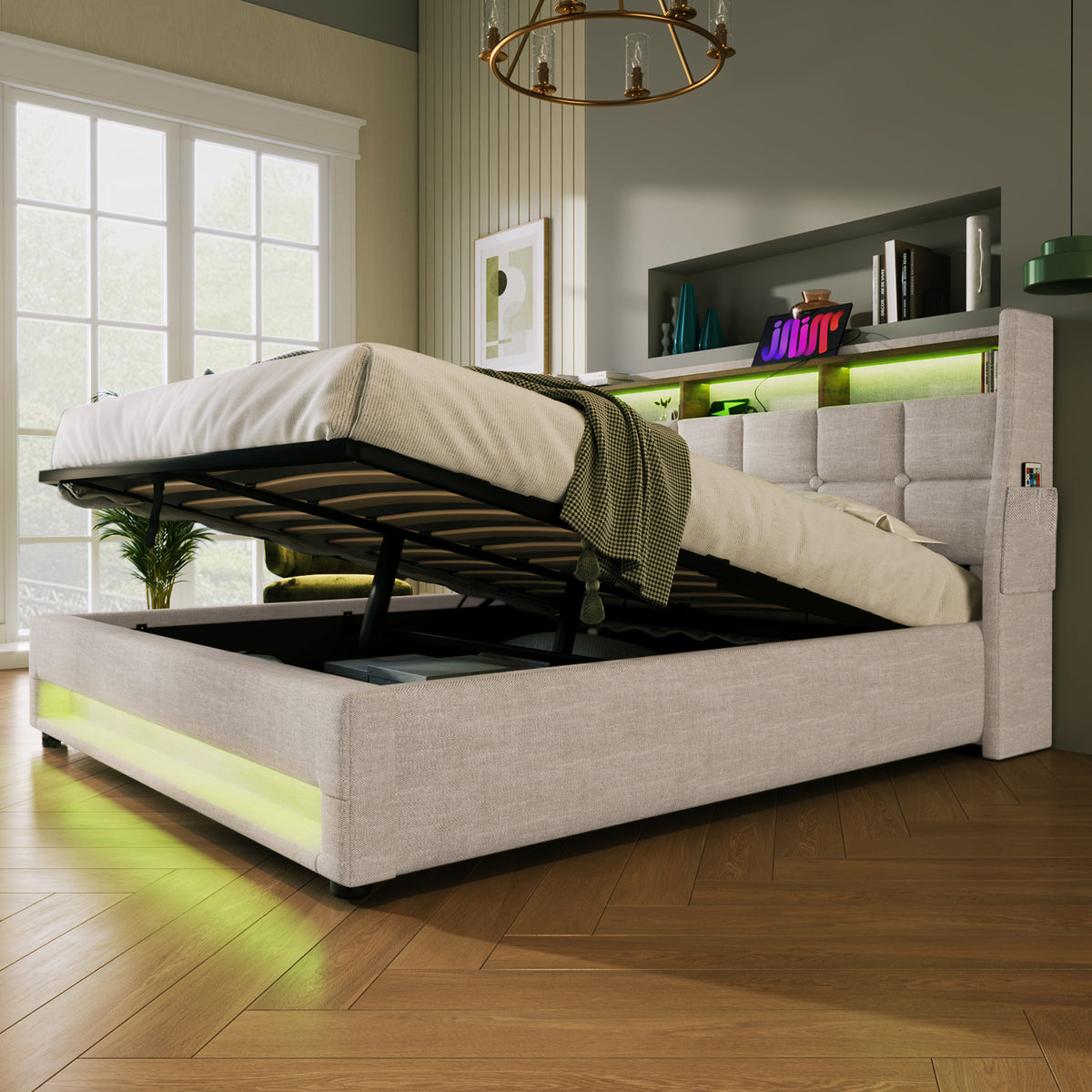 variant-group:rf-n736aa20690708b|Roomfitters Full Size Upholstered Platform Bed with Storage System, USB Charging Ports, Natural
