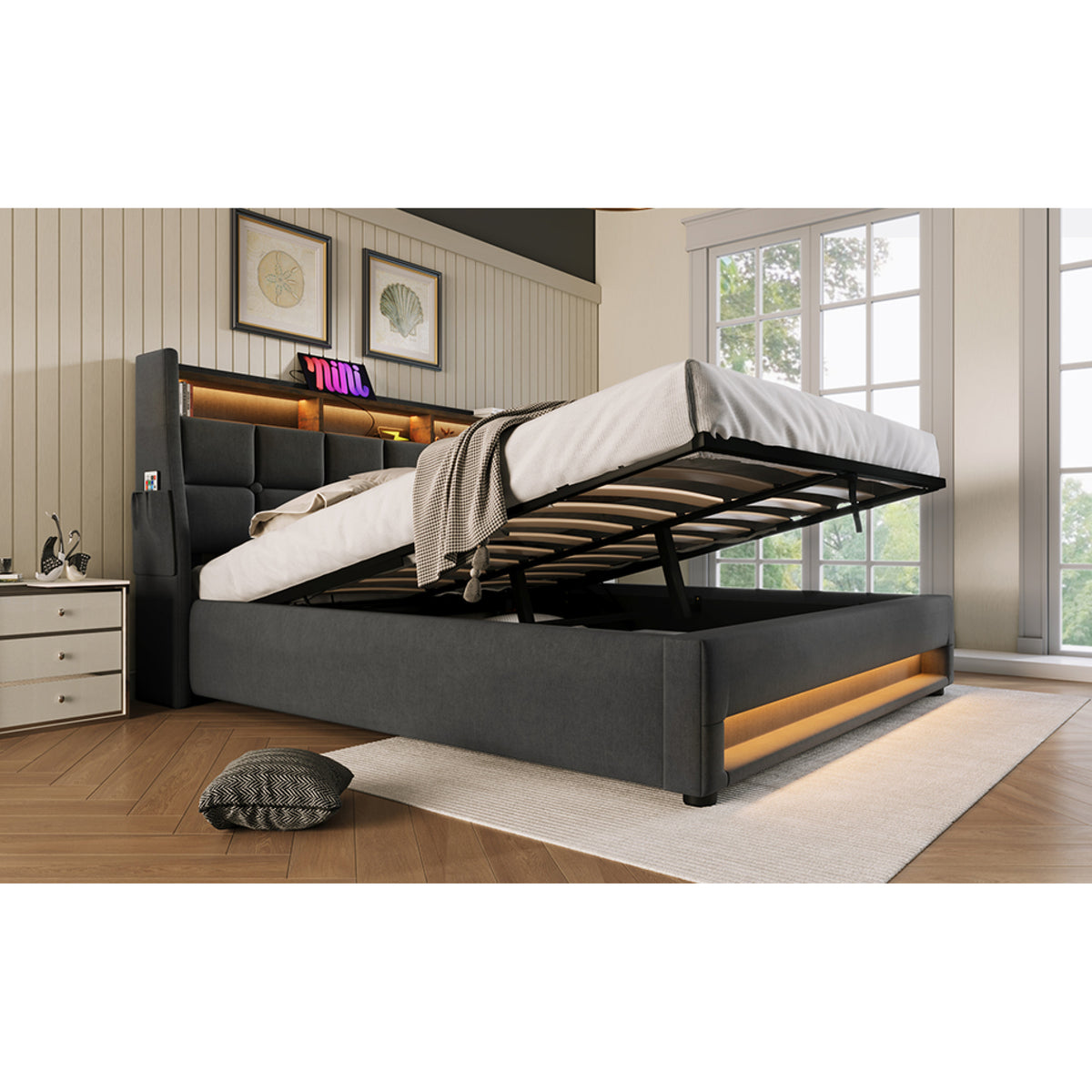 variant-group:rf-n736aa20690910g|Roomfitters Queen Size Upholstered Platform Bed with Storage System, USB Charging Ports, Grey