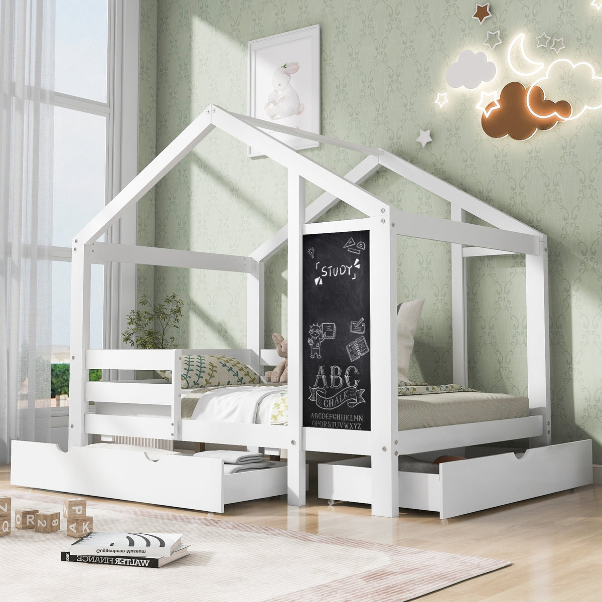 Roomfitters Twin Size House Bed with Blackboard Panels and Storage Drawers, Two Assembly Options, White Roomfitters