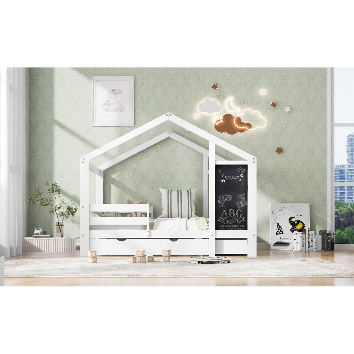 Roomfitters Twin Size House Bed with Blackboard Panels and Storage Drawers, Two Assembly Options, White Roomfitters