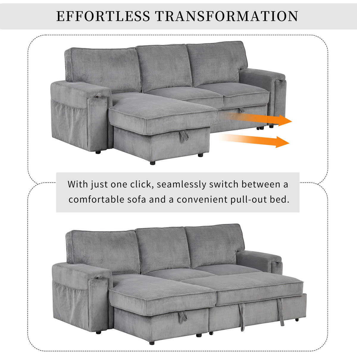 Roomfitters Upholstery Sleeper Sectional Sofa with Storage Bags and 2 Cup Holders on Arms, Gray Roomfitters