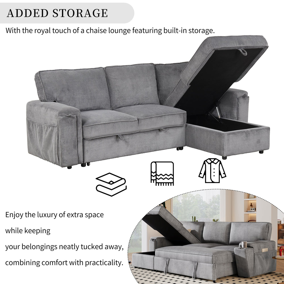Roomfitters Upholstery Sleeper Sectional Sofa with Storage Bags and 2 Cup Holders on Arms, Gray Roomfitters