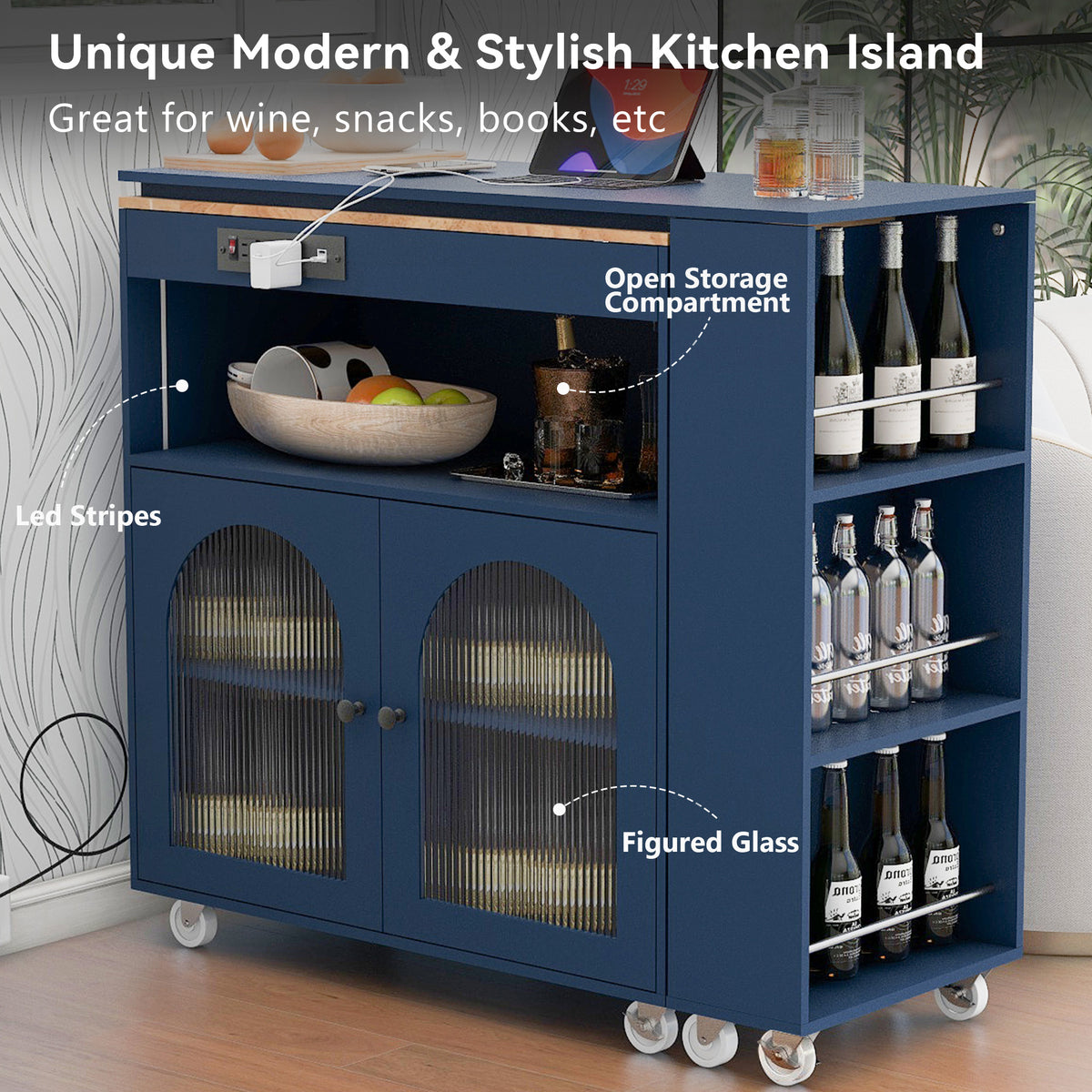 variant-group:rf-n707wf316018aan|Roomfitters Rolling Kitchen Island with Extended Table, LED Lights, Power Outlets, Navy Blue