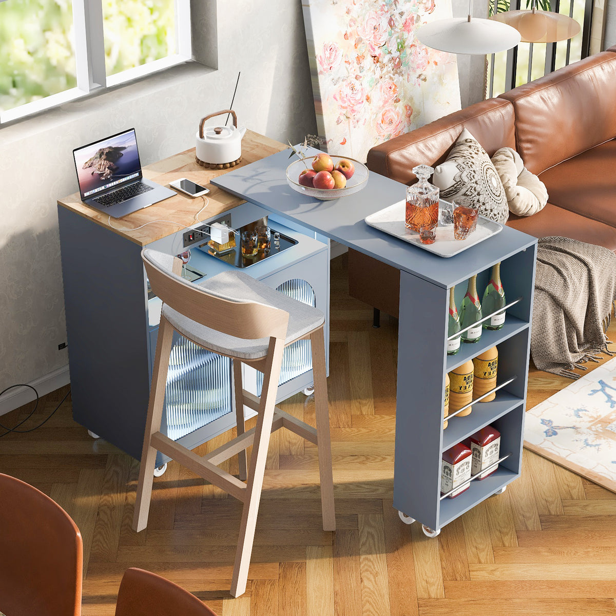 variant-group:rf-n707wf316018aag|Roomfitters Rolling Kitchen Island with Extended Table, LED Lights, Power Outlets, Grey