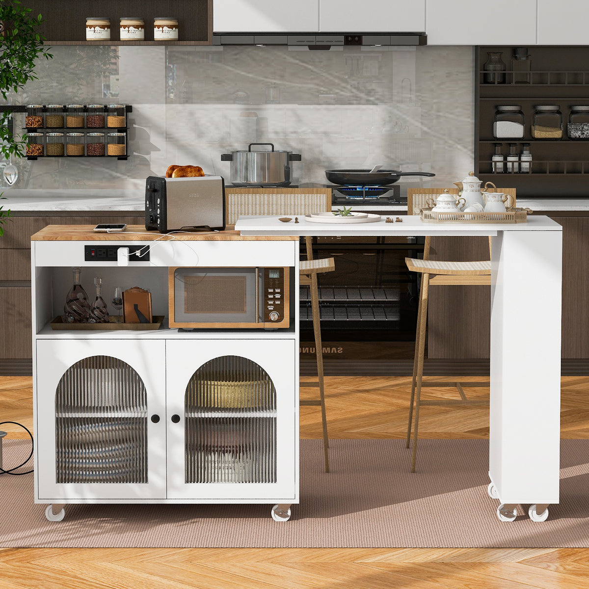 variant-group:rf-n707wf316018aaw|Roomfitters Rolling Kitchen Island with Extended Table, LED Lights, Power Outlets, White