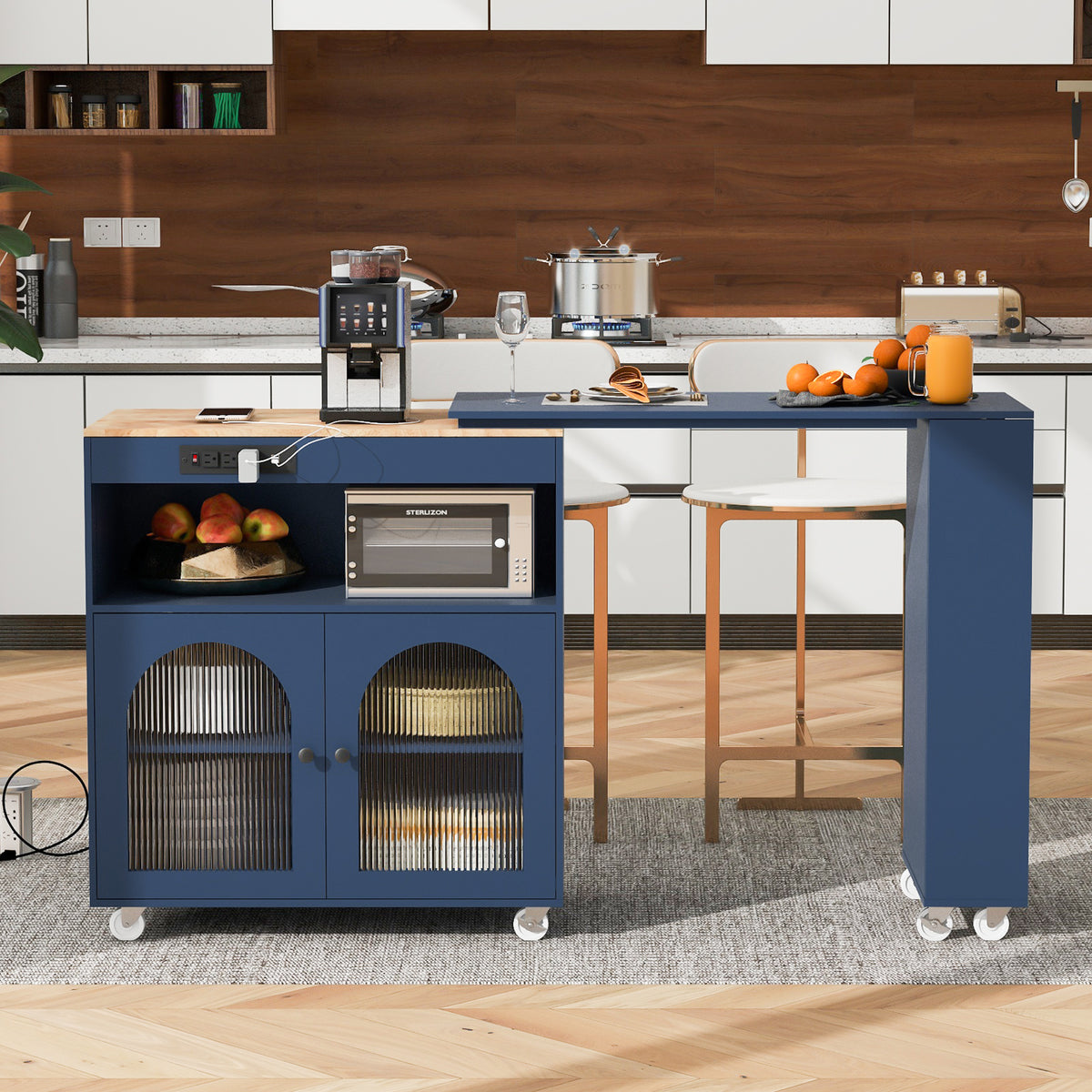 variant-group:rf-n707wf316018aan|Roomfitters Rolling Kitchen Island with Extended Table, LED Lights, Power Outlets, Navy Blue