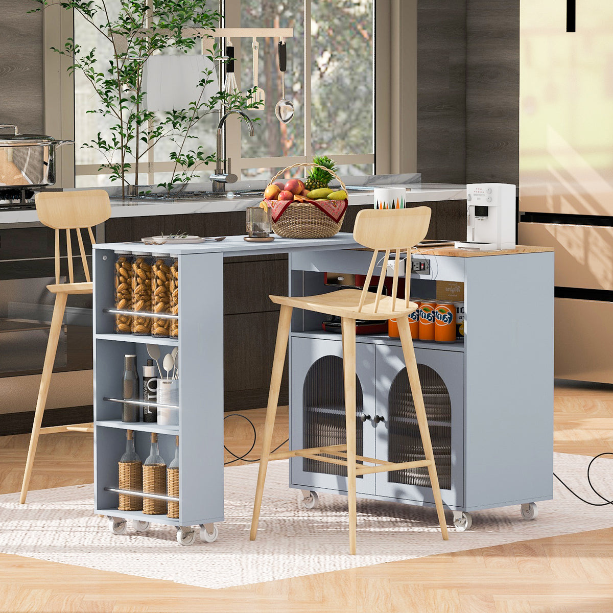 variant-group:rf-n707wf316018aag|Roomfitters Rolling Kitchen Island with Extended Table, LED Lights, Power Outlets, Grey