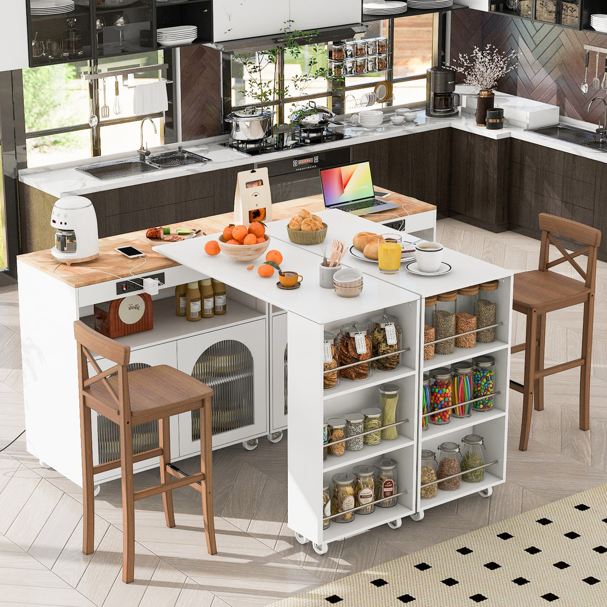 variant-group:rf-n707wf316018aaw|Roomfitters Rolling Kitchen Island with Extended Table, LED Lights, Power Outlets, White