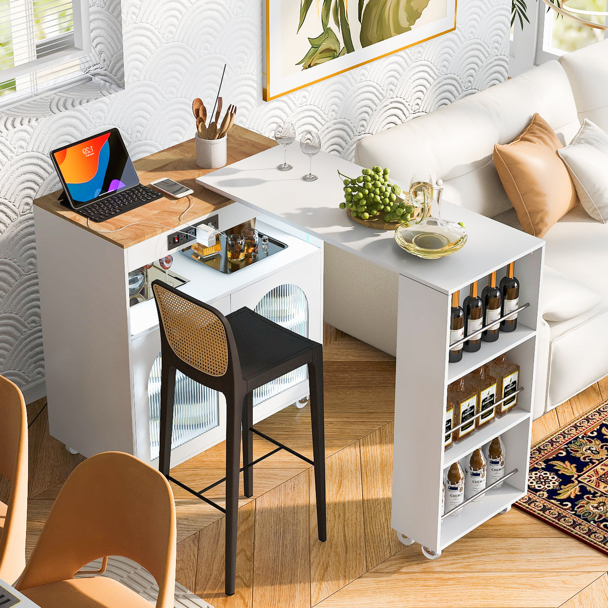 variant-group:rf-n707wf316018aaw|Roomfitters Rolling Kitchen Island with Extended Table, LED Lights, Power Outlets, White