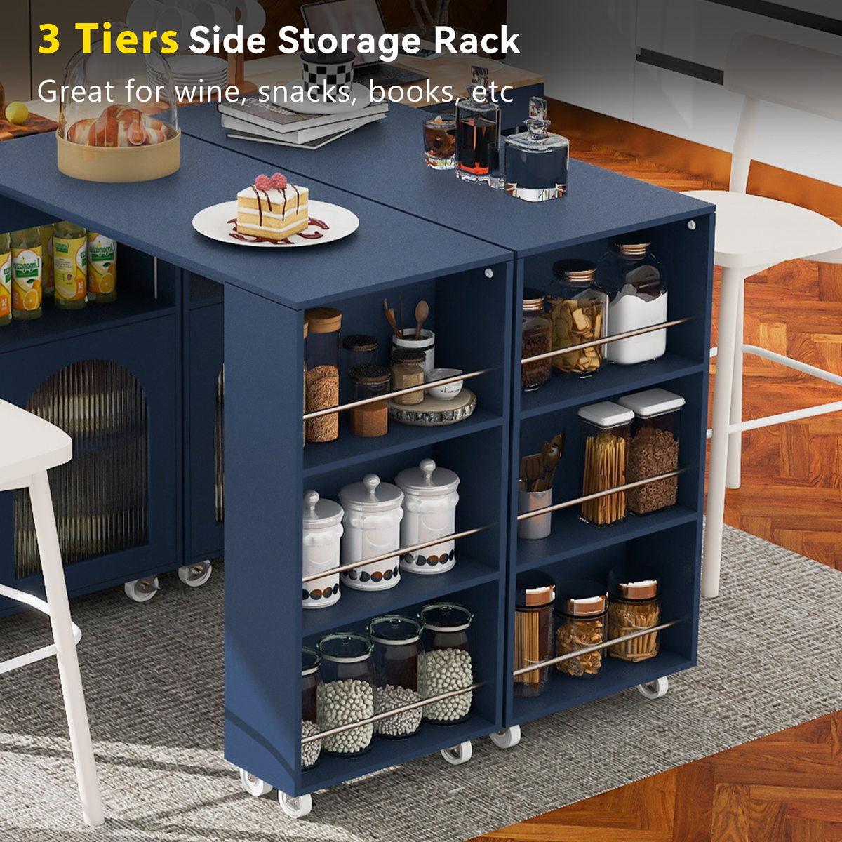 variant-group:rf-n707wf316018aan|Roomfitters Rolling Kitchen Island with Extended Table, LED Lights, Power Outlets, Navy Blue