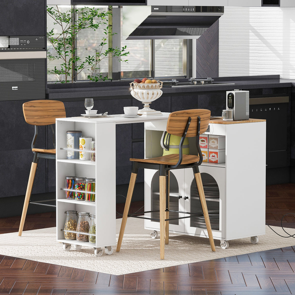 variant-group:rf-n707wf316018aaw|Roomfitters Rolling Kitchen Island with Extended Table, LED Lights, Power Outlets, White