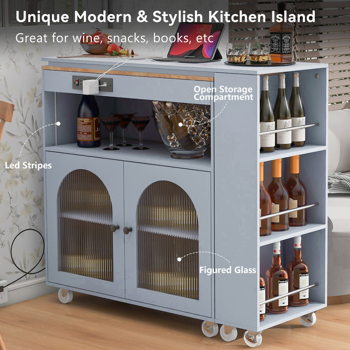 variant-group:rf-n707wf316018aag|Roomfitters Rolling Kitchen Island with Extended Table, LED Lights, Power Outlets, Grey