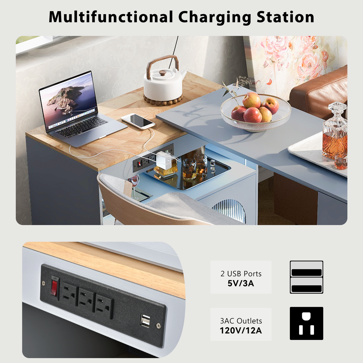 variant-group:rf-n707wf316018aag|Roomfitters Rolling Kitchen Island with Extended Table, LED Lights, Power Outlets, Grey