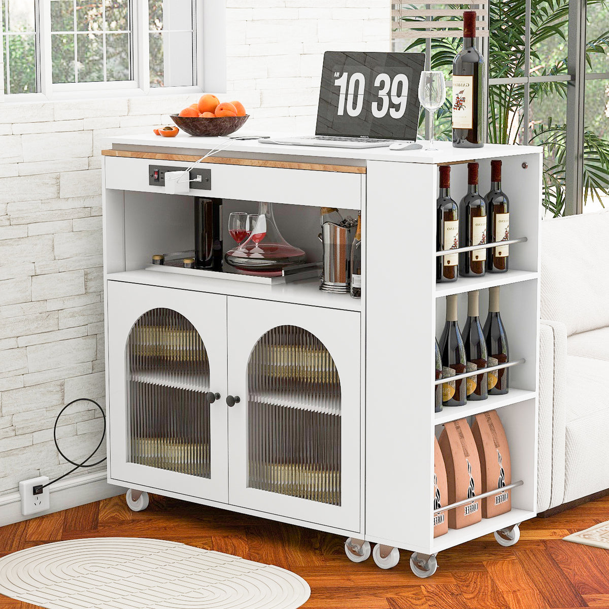 variant-group:rf-n707wf316018aaw|Roomfitters Rolling Kitchen Island with Extended Table, LED Lights, Power Outlets, White