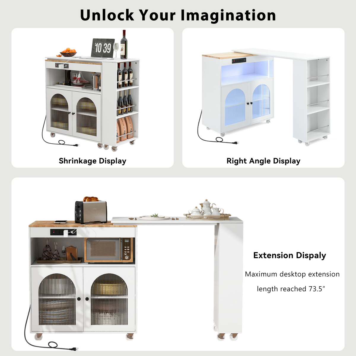 variant-group:rf-n707wf316018aaw|Roomfitters Rolling Kitchen Island with Extended Table, LED Lights, Power Outlets, White