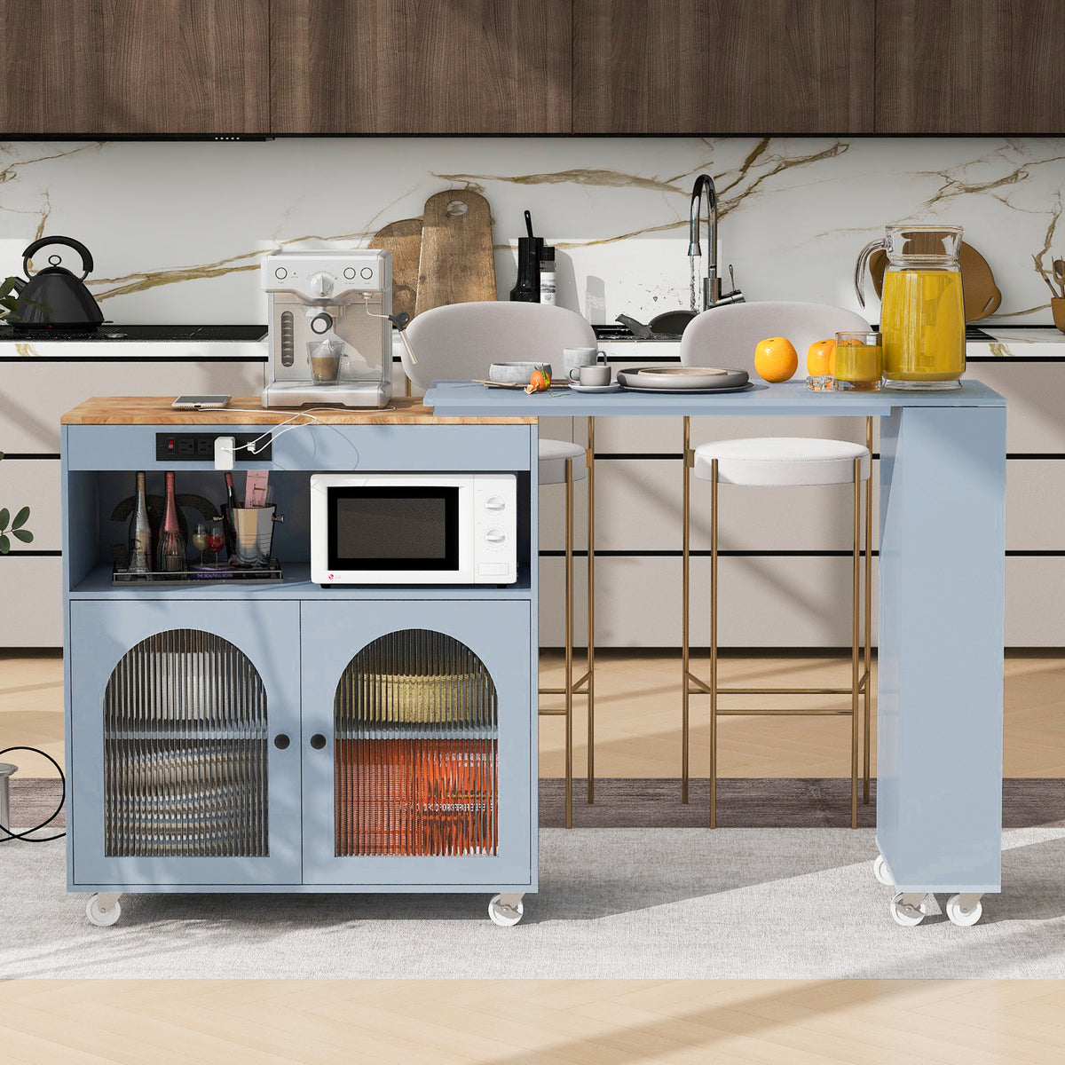 variant-group:rf-n707wf316018aag|Roomfitters Rolling Kitchen Island with Extended Table, LED Lights, Power Outlets, Grey