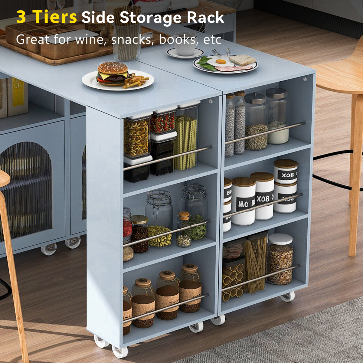 variant-group:rf-n707wf316018aag|Roomfitters Rolling Kitchen Island with Extended Table, LED Lights, Power Outlets, Grey