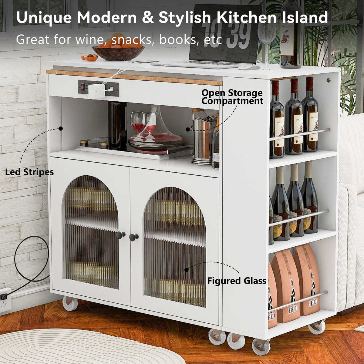variant-group:rf-n707wf316018aaw|Roomfitters Rolling Kitchen Island with Extended Table, LED Lights, Power Outlets, White