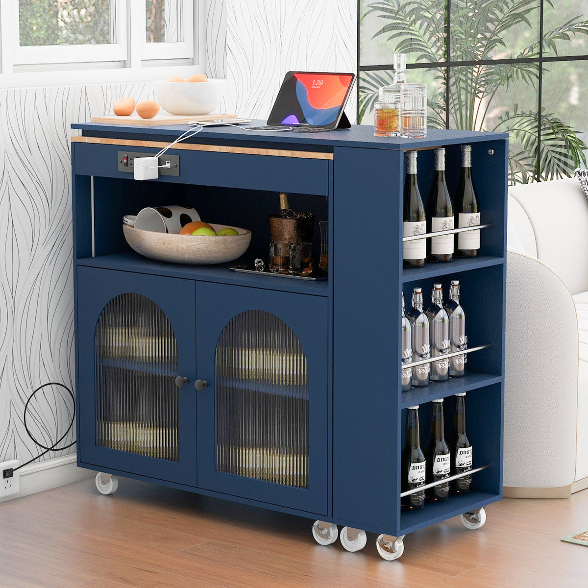 variant-group:rf-n707wf316018aan|Roomfitters Rolling Kitchen Island with Extended Table, LED Lights, Power Outlets, Navy Blue